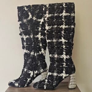 Betsey Johnson Declaan Tweed Slouchy Tall  Boots  Size 6.5 Black/ White NWT